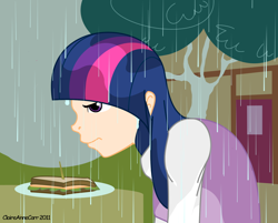 Size: 1668x1340 | Tagged: safe, artist:claireannecarr, derpibooru import, twilight sparkle, human, the ticket master, humanized, rain, sandwich, scene interpretation, solo, wet