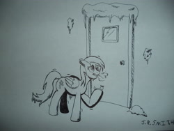 Size: 4608x3456 | Tagged: safe, artist:gogglespizano, derpy hooves, pegasus, pony, absurd resolution, atg 2016, female, mare, monochrome, newbie artist training grounds, pen drawing, pencil drawing, snow, solo, traditional art