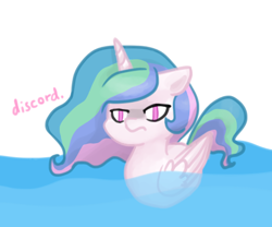 Size: 442x368 | Tagged: source needed, useless source url, safe, artist:breadcipher, princess celestia, alicorn, duck pony, pony, angry, floppy ears, frown, glare, implied discord, solo, swanlestia, water