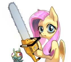 Size: 600x521 | Tagged: safe, artist:s08080, derpibooru import, fluttershy, rainbow dash, pegasus, pony, .mov, chainsaw, fluttershed, frown, hoof hold, looking at you, plushie, pony.mov, shed.mov
