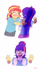 Size: 1678x2979 | Tagged: safe, artist:0ndshok, sci-twi, sunset shimmer, twilight sparkle, equestria girls, blushing, clothes, female, glasses, kabedon, lesbian, looking at each other, nervous, scitwishimmer, shipping, shirt, shorts, simple background, sunsetsparkle