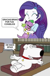 Size: 424x639 | Tagged: safe, edit, rarity, spike, dog, equestria girls, brian griffin, comic strip, crossover, family guy, female, male, meme, shipping, spanish, sparity, spike the dog, straight, translated in the comments, wat