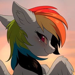 Size: 404x404 | Tagged: safe, artist:hioshiru, derpibooru import, edit, rainbow dash, pegasus, pony, avatar, blushing, bust, cute, dashabetes, ear fluff, explicit source, female, looking at you, portrait, shoulder fluff, solo, spread wings, sunset, wings