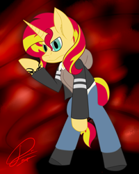 Size: 1024x1280 | Tagged: safe, artist:dr-papa, sunset shimmer, pony, unicorn, [prototype], alex mercer, bipedal, clothes, crossover, solo