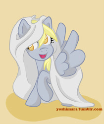 Size: 1024x1221 | Tagged: safe, artist:yoshimarsart, derpy hooves, ghost, pegasus, pony, bedsheet ghost, clothes, colored pupils, costume, cute, female, halloween costume, mare, raised hoof, simple background, smiling, solo, yellow background