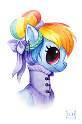 Size: 464x700 | Tagged: safe, artist:scheadar, derpibooru import, rainbow dash, pegasus, pony, alternate hairstyle, bust, clothes, dress, earring, hair bun, portrait, rainbow dash always dresses in style, solo