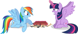 Size: 4662x2063 | Tagged: safe, artist:shutterflyeqd, derpibooru import, rainbow dash, twilight sparkle, twilight sparkle (alicorn), alicorn, pegasus, pony, chess, female, magic, mare, rage, sore loser