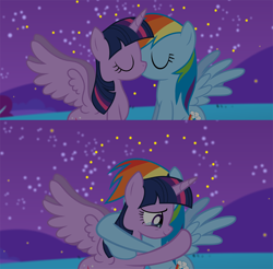 Size: 1546x1522 | Tagged: safe, artist:shutterflyeqd, derpibooru import, rainbow dash, twilight sparkle, twilight sparkle (alicorn), alicorn, firefly (insect), pegasus, pony, crying, duo, eyes closed, female, heart, hug, kissing, lesbian, mare, night, shipping, tears of joy, twidash, wings