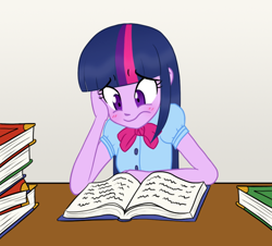 Size: 870x788 | Tagged: safe, artist:howlsinthedistance, derpibooru import, twilight sparkle, equestria girls, blushing, book, solo, studying, table