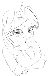 Size: 508x789 | Tagged: safe, artist:zev, twilight sparkle, anthro, breasts, cleavage, female, grayscale, monochrome, solo, unamused