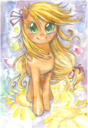 Size: 761x1100 | Tagged: safe, artist:paulina-ap, applejack, earth pony, pony, blushing, colored eyelashes, cute, eyelashes, freckles, looking at you, ribbon, smiling, solo, standing, traditional art, watercolor painting