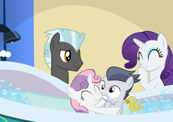 Size: 810x569 | Tagged: safe, artist:lunaticdawn, rarity, rumble, sweetie belle, thunderlane, pegasus, pony, unicorn, bath, colt, eyes closed, female, filly, frown, grin, gritted teeth, hug, laughing, male, rarilane, rubber duck, rumbelle, shipping, smiling, stallion, straight, wide eyes
