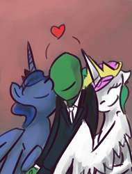 Size: 700x923 | Tagged: artist needed, safe, princess celestia, princess luna, oc, oc:anon, human, pony, anon gets all the mares, cuddling, cute, eyes closed, heart, hug, human on pony snuggling, lucky bastard, nuzzling, smiling, snuggling, winghug