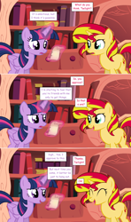 Size: 1280x2168 | Tagged: safe, artist:hakunohamikage, sunset shimmer, twilight sparkle, twilight sparkle (alicorn), alicorn, pony, ask, ask-princesssparkle, golden oaks library, magic, scroll, tumblr