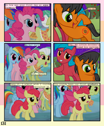 Size: 900x1080 | Tagged: safe, artist:lister-of-smeg, derpibooru import, apple bloom, granny smith, pinkie pie, rainbow dash, oc, oc:crosspatch, earth pony, pegasus, pony, comic:zap-o-lantern, colt, comic, female, male, mare