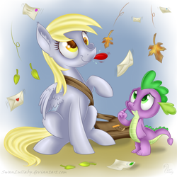 Size: 800x800 | Tagged: safe, artist:swanlullaby, derpy hooves, spike, dragon, pegasus, pony, autumn, duo, female, leaves, mail, mare, tongue out