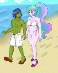 Size: 1024x1280 | Tagged: safe, artist:stubbornstallion, princess celestia, principal celestia, oc, oc:rally flag, equestria girls, bare chest, beach, bikini, canon x oc, clothes, feet, female, flip-flops, footprint, holding hands, male, panties, principal, principal and student, rallylestia, sand, sandals, scar, shipping, shorts, straight, student, swimsuit, thong, thong swimsuit, topless, underwear, water