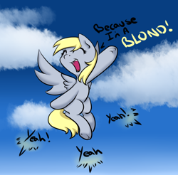 Size: 864x851 | Tagged: safe, artist:alazak, derpy hooves, pegasus, pony, beautiful, blonde, captain obvious, cause i'm a blonde, eyes closed, female, flying, happy, julie brown, mare, singing, solo, song reference