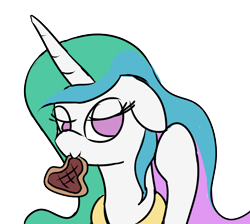 Size: 1030x924 | Tagged: safe, artist:godofsteak, princess celestia, alicorn, pony, bedroom eyes, bust, empty eyes, female, food, mare, meat, mouth hold, no catchlights, no pupils, ponies eating meat, simple background, solo, steak, transparent background