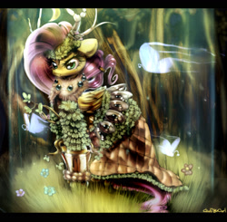 Size: 1801x1763 | Tagged: safe, artist:carligercarl, fluttershy, butterfly, pegasus, pony, armor, clothes, dress, floppy ears, forest, glare, grass, horns, nature, scenery, solo, warcraft