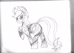 Size: 3467x2478 | Tagged: safe, artist:baroquedavid, applejack, earth pony, pony, robot, monochrome, solo, traditional art