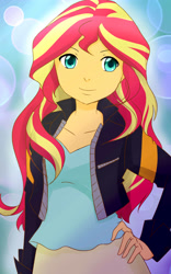 Size: 2400x3840 | Tagged: safe, artist:lilapudelpony, sunset shimmer, equestria girls, clothes, female, jacket, leather jacket, looking at you, smiling, solo