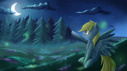 Size: 1280x720 | Tagged: safe, artist:ailynd, derpy hooves, firefly (insect), pegasus, pony, crescent moon, female, forest, mare, meadow, moon, night, scenery, sitting, solo