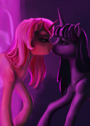 Size: 775x1080 | Tagged: safe, artist:cosmicunicorn, sunset shimmer, twilight sparkle, twilight sparkle (alicorn), alicorn, female, imminent kissing, lesbian, looking at each other, shipping, sunsetsparkle, wip