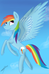 Size: 990x1485 | Tagged: safe, artist:theandreaxd, derpibooru import, rainbow dash, pegasus, pony, flying, solo, spread wings, wings