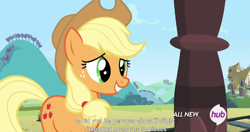 Size: 1152x609 | Tagged: safe, screencap, applejack, earth pony, pony, three's a crowd, hub logo, meme, solo, youtube caption