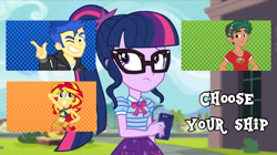 Size: 1024x575 | Tagged: safe, artist:jamesawilliams1996, edit, edited screencap, screencap, flash sentry, sci-twi, sunset shimmer, timber spruce, twilight sparkle, better together, equestria girls, text support, choose your ship, geode of telekinesis, implied flashlight, implied lesbian, implied sciflash, implied scitwishimmer, implied shipping, implied straight, implied sunsetsparkle, implied timbertwi, magical geodes