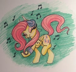 Size: 600x565 | Tagged: safe, artist:bashful-ryno, fluttershy, pegasus, pony, dancing, headphones, mp3 player, smiling, solo, traditional art