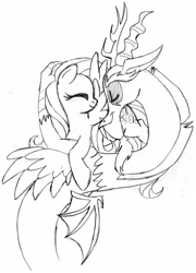 Size: 1614x2243 | Tagged: safe, artist:freecanvas, discord, fluttershy, pegasus, pony, discoshy, female, male, monochrome, shipping, straight