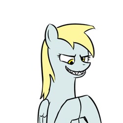 Size: 320x320 | Tagged: artist needed, safe, derpy hooves, pegasus, pony, evil, evil grin, female, hooves together, i know exactly what went wrong, just as planned, mare, reaction image, sharp teeth, simple background, smiling, solo, white background