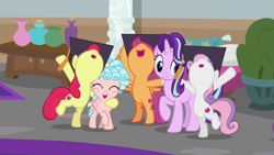 Size: 1280x720 | Tagged: safe, screencap, apple bloom, cozy glow, scootaloo, starlight glimmer, sweetie belle, earth pony, pegasus, pony, unicorn, marks for effort, bipedal, cutie mark crusaders, eyes closed, female, filly, mare, open mouth, smiling