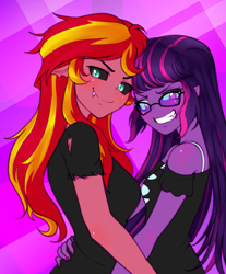 Size: 1496x1811 | Tagged: safe, artist:rileyav, midnight sparkle, sci-twi, sunset satan, sunset shimmer, twilight sparkle, demon, comic:ask casual midnight and demon shimmer, equestria girls, casual, clothes, evil grin, fangs, female, floppy ears, glasses, grin, lesbian, midnightsatan, scitwishimmer, shipping, shirt, smiling, smirk, sunsetsparkle