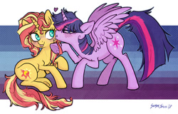 Size: 1200x766 | Tagged: safe, artist:serge-stiles, sunset shimmer, twilight sparkle, twilight sparkle (alicorn), alicorn, unicorn, blushing, female, heart, kiss on the cheek, kissing, lesbian, mare, shipping, signature, sunsetsparkle, tongue out