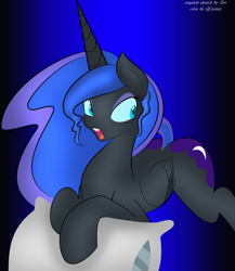 Size: 2218x2560 | Tagged: safe, artist:qcryzzy, artist:zev, nightmare moon, alicorn, pony, missing accessory, pillow, solo, stupid sexy nightmare moon