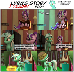 Size: 3929x3816 | Tagged: safe, artist:goatcanon, lyra heartstrings, starlight glimmer, pony, unicorn, comic:lyra's story, 3d, bucket, comic, dialogue, duo, glasses, source filmmaker, teleportation