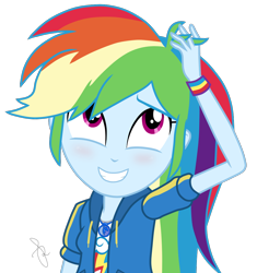 Size: 1024x1090 | Tagged: safe, artist:ilaria122, derpibooru import, rainbow dash, better together, equestria girls, rollercoaster of friendship, blushing, clothes, cute, dashabetes, geode of super speed, magical geodes, shirt, simple background, stroking hair, sweatshirt, t-shirt, transparent background