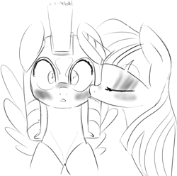 Size: 886x879 | Tagged: source needed, safe, artist:zev, flash sentry, twilight sparkle, blushing, cute, eyes closed, eyeshadow, female, flashlight, grayscale, helmet, kissing, male, monochrome, royal guard, shipping, smooch, spread wings, straight, surprise kiss, surprised, wingboner