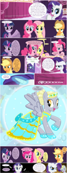 Size: 1320x3366 | Tagged: safe, artist:shwiggityshwah, derpy hooves, fluttershy, pinkie pie, rarity, twilight sparkle, pegasus, pony, unicorn, clothes, comic, dress, female, gala dress, mare