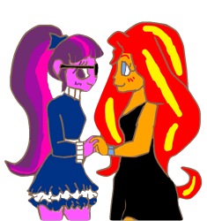 Size: 906x964 | Tagged: safe, artist:greennotmean, sci-twi, sunset shimmer, twilight sparkle, equestria girls, blushing, clothes, cute, dress, female, holding hands, lesbian, looking at each other, looking away, scitwishimmer, shipping, simple background, sunsetsparkle, transparent background