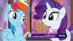 Size: 1280x720 | Tagged: safe, derpibooru import, screencap, rainbow dash, rarity, pegasus, pony, unicorn, season 8, the end in friend, spoiler:s08, discovery family logo