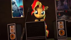 Size: 3840x2160 | Tagged: safe, artist:flushthebatsanta, sunset shimmer, pony, unicorn, 3d, amplifier, cute, ear piercing, earring, female, guitar, jewelry, looking at you, mare, piercing, shimmerbetes, source filmmaker, speakers