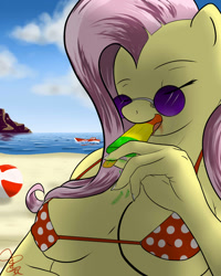 Size: 1500x1875 | Tagged: safe, artist:discordriderr34, fluttershy, anthro, beach, beach ball, bikini, boat, breasts, clothes, female, hootershy, ice cream, licking, popsicle, solo, swimsuit