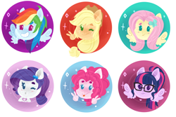 Size: 1008x673 | Tagged: safe, artist:whalepornoz, derpibooru import, applejack, fluttershy, pinkie pie, rainbow dash, rarity, sci-twi, twilight sparkle, equestria girls, chibi, icon, mane six, ponied up, scitwilicorn, simple background, watermark, white background