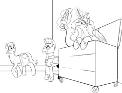 Size: 1205x923 | Tagged: safe, artist:mistermech, princess celestia, alicorn, earth pony, pegasus, pony, black and white, cute, cutelestia, dirty, dumpster, female, frown, grayscale, grin, guard, lava lamp, leaning, levitation, lineart, magic, male, mare, messy mane, monochrome, nervous, royal guard, saddle bag, smiling, stallion, telekinesis, wide eyes