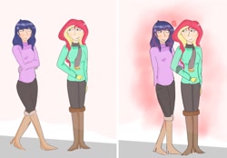 Size: 1836x1280 | Tagged: safe, artist:rickless-artist, sunset shimmer, twilight sparkle, blushing, clothes, female, heart, human coloration, lesbian, looking at each other, shipping, sunsetsparkle, sweater