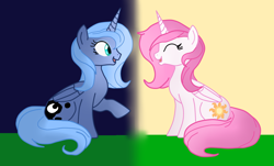 Size: 900x545 | Tagged: safe, artist:flydragon2003, princess celestia, princess luna, alicorn, pony, eyes closed, s1 luna, sitting